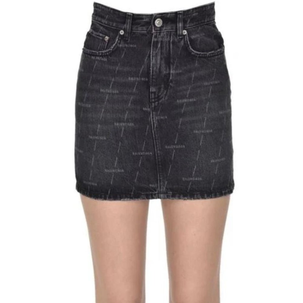 Balenciaga Stone Wash Black Allover Logo Denim Skirt